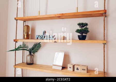 Moderna libreria in legno con pezzi di candele di decor, specchio, piante appese su corde su pareti bianche. Interni domestici Foto Stock