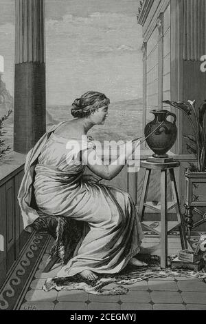 Grecia antica. Giovane ragazza greca che dipinge un vaso. Incisione di vela dopo un dipinto di Germán Hernández Amores (1823-1894). La Ilustracion Española y americana, 1881. Foto Stock