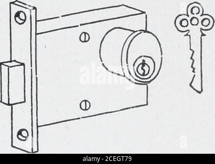 . Ciclopedia di architettura, carpenteria e edilizia : un'opera di riferimento generale. Fig. 86. Blocco a levetta. 91 84 COSTRUZIONE DELLA SOPRINTENDENZA. Fig. 87. Serratura a cilindro. Bulloni. Di maggiore protezione rispetto alle serrature di una porta sono bulloni che, azionati da un solo lato, Sono sicuri contro picking.The più semplice e meno percepibile di questi sono le viti mortasa che si trovano in un foro alesato nel bordo della porta e sono azionati da una manopola o chiave sul face.Chain bulloni sono una protezione in lo-calities infestato da tramps o intrusi non desiderabili. Questi confratelli di una catena forte che è assicurata al fr Foto Stock