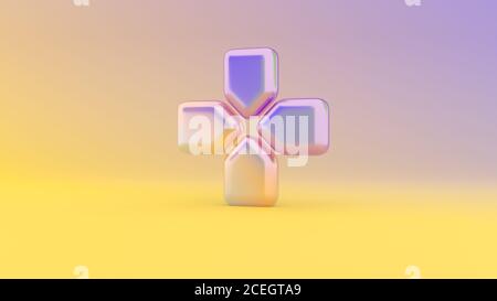 Vivace rendering 3d colorato simbolo di croce da quattro frecce con direzione centrale su sfondo colorato con ombra Foto Stock