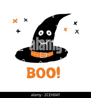 Cappello di strega con cute faccia sorridente e boo parola doodle croce elementi. Biglietto d'auguri per le festività. Isolato su sfondo bianco. Illustrazione di stock vettoriale. Illustrazione Vettoriale