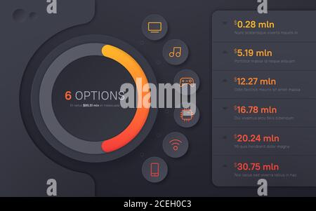 Modello infografico di presentazione dalle tonalità scure in uno stile moderno. Sei opzioni Illustrazione Vettoriale