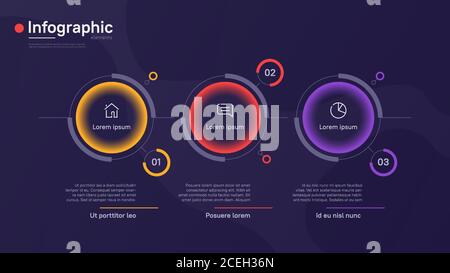 Modello infografico vettoriale con elementi grafici rotondi su sfondo blu intenso. Tre opzioni Illustrazione Vettoriale