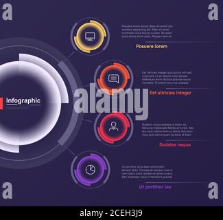 Modello grafico rotondo infografico vettoriale su sfondo blu intenso. Quattro opzioni Illustrazione Vettoriale