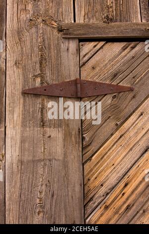 Cerniera arrugginita sulla porta di legno intemperie di un edificio derelitto nella città fantasma virtuale di Thompson Springs, Utah Foto Stock