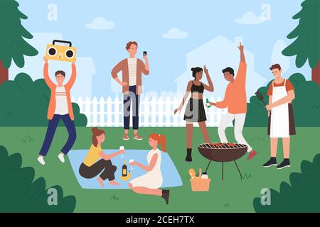 Persone su bbq party illustrazione vettoriale. Cartoon piatto giovani amici hipster divertirsi nel cortile barbecue grigliare pic-nic, felice teen personaggi di gruppo cucinare sulla griglia, mangiare grigliate di fondo cibo Illustrazione Vettoriale