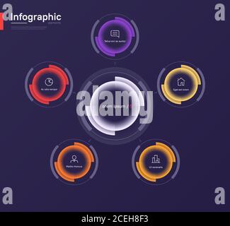 Elegante modello di grafico a cerchio vettoriale colorato su sfondo blu intenso. Cinque opzioni Illustrazione Vettoriale