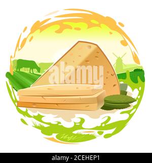 Formaggio a base di latte duro. Paesaggio rurale con sole, cielo, erba, colline e mucche. Una dispersione di latte che scorre. Vettore isolato su sfondo bianco. Illustrazione Vettoriale