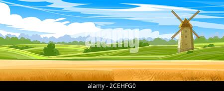 Campi di grano e prati d'erba. Colline con cielo blu e nuvole. Mulino a vento per la produzione di farina. Paesaggio rurale. Campagna. Segale, orzo, avena. Piatto Illustrazione Vettoriale