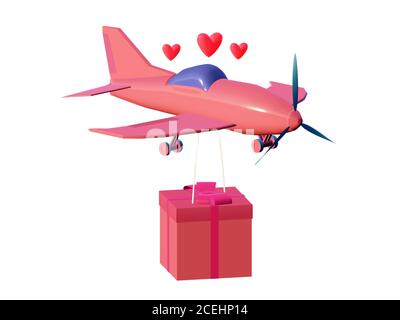 l'aereo rosa sta portando un regalo grande per la festa, concetto di consegna del pacco dell'aria, isolato su sfondo bianco. rendering 3d Foto Stock