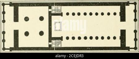 . La storia dell'architettura: Un profilo degli stili in tutti i paesi. II. Fig. 48.-piano del Partenone. Del santuario parallelo al peristilio esterno, ma thiswas confinato a templi lar^e-size. Tutte le case di culto sono state divise secondo tre sistemi o ordini principali, vale a dire Doric, Ionic e Corinziano, e ogni ordine è composto brevemente da una colonna, un piedistallo (su cui in tempi romantici la colonna si riposava), e un topmember di bue di entablature. Questi sono stati inoltre suddivisi: La colonna in base, albero, e capitale o superiore (piastra XV); il piedistallo in base, corpo, e zoccolo; e il enta Foto Stock