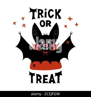 Carino cartoon vampiro bat con fangs e mantello rosso. Doodle Cross Elements e Trick o Treat lettering. Biglietto d'auguri di Halloween. Isolato su bianco Illustrazione Vettoriale