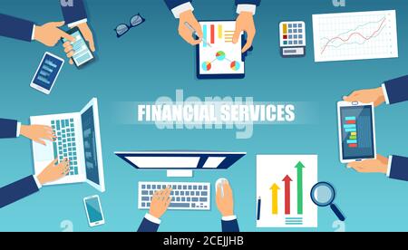 Vettore di visualizzazione dall'alto di persone che lavorano alla scrivania analisi della crescita finanziaria Illustrazione Vettoriale