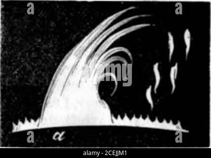 . Volume scientifico americano 25 numero 21 (novembre 1871). E a 1-15 solo alcuni wisps filmy, con alcuni streamers più luminosi giù vicino alla cromosfera, sono rimasti tomark il posto. Ma nel frattempo la testa di tuono, prima alludita, era cresciuta e si era evoluta meravigliosamente in un massof che rotola e sempre cambia fiamma, per parlare secondo le perle di ap. In primo luogo fu affollato, per così dire, lungo la superficie thesolar; in seguito salì, quasi piramidalmente, a 50,000 miglia di altezza; poi la sua cima fu estratta in lunghi filamentsand fili, che erano più curiosamente rotolati backwardsand downwar Foto Stock