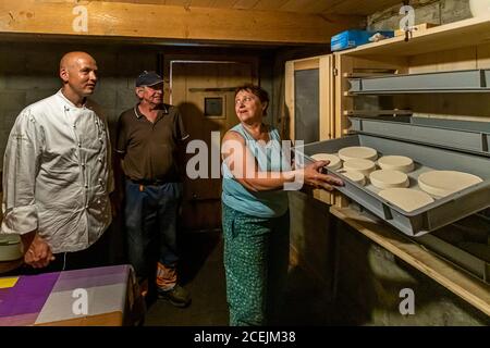 ALP Lairy, Lenk, Svizzera. Franziska Zurbrügg alla produzione del formaggio sull'Alpe di Pöris Foto Stock