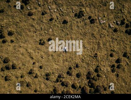 Intera lunghezza di astronauta maschile anonimo in tuta spaziale arancione e casco seduti in panchina alla fermata dell'autobus e in attesa dei trasporti pubblici il giorno di sole Foto Stock