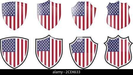 Bandiera verticale USA a forma di scudo, quattro versioni 3d e Simple. Icona / segno americano Illustrazione Vettoriale