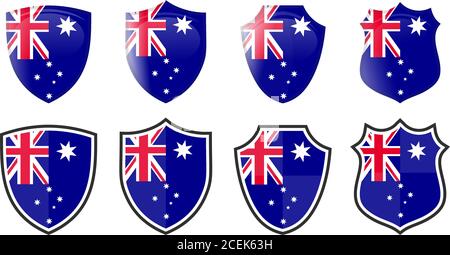 Bandiera Australia verticale a forma di scudo, quattro versioni 3d e Simple. Icona / segno australiano Illustrazione Vettoriale
