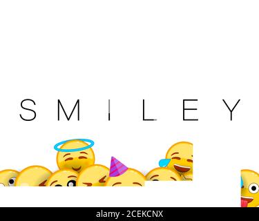 Biglietto di auguri buon compleanno sorriso. Sfondo smiley con emoticon gialle di espressioni facciali divertenti e felici. Festa, buon giorno di sposa. Vuoto vuoto Illustrazione Vettoriale