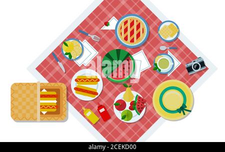 Illustrazione vettoriale di un picnic nella vista dall'alto del parco in un design piatto. Illustrazione Vettoriale