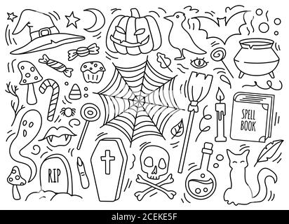 Set di icone di attributi occulti halloween disegnati a mano. Illustrazione Vettoriale