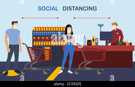 Le persone nel super mercato in attesa di fila con l'allontanamento sociale testo Illustrazione Vettoriale