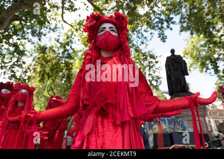 Londra, Regno Unito. 1 settembre 2020. I manifestanti prendono parte a una manifestazione di rivolta di estinzione a Londra, Gran Bretagna, il 1 settembre 2020. Secondo il piano del gruppo di attivisti ambientali Extinction Rebellion, gli attivisti hanno bloccato le strade a Londra, Manchester e Cardiff il 1 settembre, invitando i parlamentari a sostenere un progetto di legge per l'emergenza climatica, che hanno affermato avrebbe accelerato i progressi della Gran Bretagna nella riduzione delle emissioni di carbonio. Credit: Xinhua/Alamy Live News Foto Stock