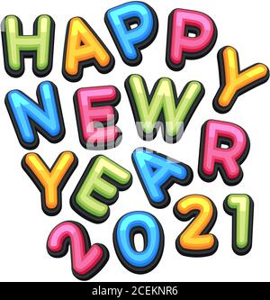 Vector Happy New Year 2021 carino biglietto d'auguri per bambini. Lettere, numeri, simboli alfabetici divertenti. Il carattere multicolore contiene lo stile grafico Illustrazione Vettoriale