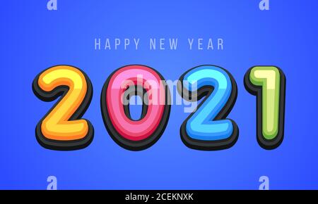 Vector Happy New Year 2021 carino biglietto d'auguri per bambini. Lettere, numeri, simboli alfabetici divertenti. Il carattere multicolore contiene lo stile grafico su blu Illustrazione Vettoriale