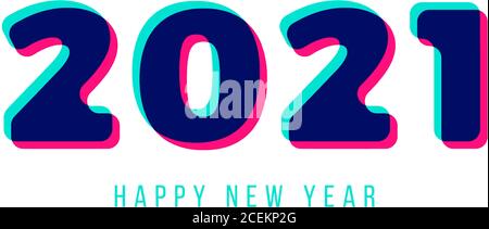 Immagine vettoriale del biglietto d'auguri in 3d elegante isolato su bianco. Felice anno nuovo 2021. Carattere geometrico alla moda. Illustrazione Vettoriale