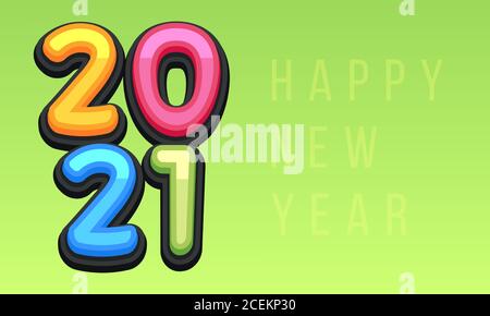 Vector Happy New Year 2021 carino biglietto d'auguri per bambini. Lettere, numeri, simboli alfabetici divertenti. Il carattere multicolore contiene lo stile grafico su gree Illustrazione Vettoriale