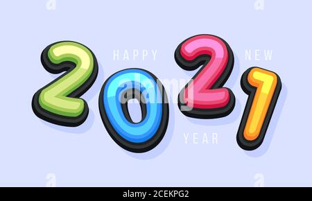 Vector Happy New Year 2021 carino biglietto d'auguri per bambini. Lettere, numeri, simboli alfabetici divertenti. Il carattere multicolore contiene lo stile grafico Illustrazione Vettoriale