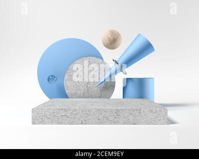 Forme astratte. Modello per la visualizzazione dei prodotti. Mostra. illustrazione 3d. Blu e grigio. Legno e calcestruzzo. Foto Stock