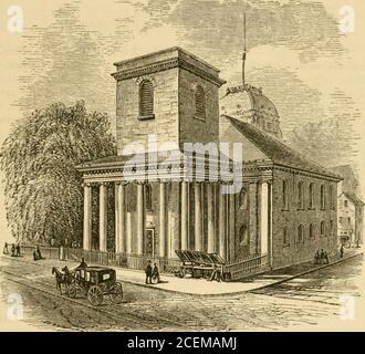 . Antichi monumenti e personaggi storici di Boston. KINGS CHAPEL E IL QUARTIERE. 29 Kings Chapel è il quinto dell'ordine delle chiese di Boston. L'architetto era Peter Harrison, di Newport, R. I., e il j) lanabbracciato un campanile, che MR. Harrison pensò essenziale per il design hisgeneral, e avrebbe avuto un bell'elletto. Per volere. kings cappella come appare in 1S72. Di fondi, tuttavia, il campanile non è mai stato costruito. GovernorShirley posò la pietra angolare l'11 agosto 1749, e dopo aver dato ai lavoratori £ 20 (vecchio tenore) per bere la sua salute, andò nella vecchia chiesa, che era ancora in piedi Foto Stock