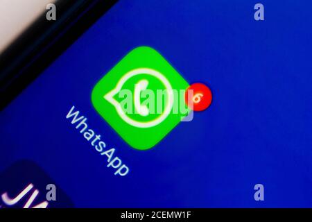 In questa immagine viene visualizzata un'icona dell'applicazione WhatsApp sullo smartphone. Foto Stock