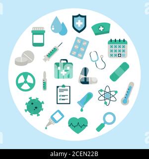 cerchio con l'icona del vaccino su sfondo blu, stile piatto, illustrazione vettoriale Illustrazione Vettoriale