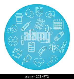 cerchio con l'icona del vaccino impostata su sfondo bianco, stile della linea, illustrazione vettoriale Illustrazione Vettoriale