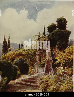 . Giardini all'italiana. Su allait de surprise en surprise - avete intorno a voi una collezione più affascinante di alberi e fiori di arbusti : eucalipto e carouba, cedro, cipresso e pino; Il pepe, Crataegus, acacia, camelia, escalonia, veronica, kennedya, plumbago, teucrium fruticosum (la salvia blu pallido, con la sua foglia bianca di lana);... un'abbondanza di rose, principalmente Chinas, tè e Borbone, come Cramoisie supereure, fabvier, gloire, Anthon, Dioxon, Dioxon, Dioxon, Dioxon, Dioxon, Dioxon, Dioxon, Dioxon, Dioxon, Dioxon, Dioxon, Dioxon, Dioxon, Dioxon, Dioxon, Dioxyne, Dioxon, Dioxon l'aloe, ancora wea Foto Stock