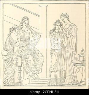 . La vita dei Greci e Romani. 484 LA TOILETTE DELLA SPOSA: Nel museo di Firenze. Prima dell'introduzione del pallaBoman le Signore usavano indossare un mantello quadrato più corto e più stretto, chiamato ricinhim, che poi sembra essere stato indossato onlyat certe cerimonie religiose. Simili articoli di vestito erethe rica e suffibulum, il primo indossato dalla Flaminica, l'atterrano gli Yestals in modo di un velo. Fig. 471 riproduce un Fig. 471. Immagine graziosa trovata in una stanza di Ercolano (1761), con molti altri, appoggiata al muro. È generallydesigned come la toletta Foto Stock