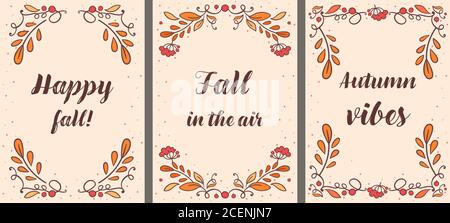 Set di biglietti d'auguri vettoriali, umore autunnale. Happy Fall - cartoline con foglie di caduta e bacche Illustrazione Vettoriale