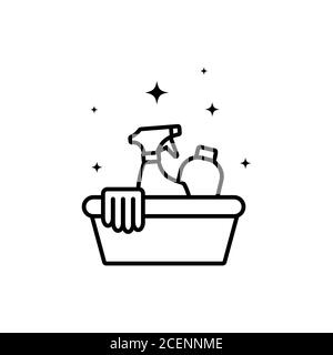 Icona della linea di pulizia. Guanti e detergenti, pelvi. Vettore su sfondo bianco isolato. EPS 10 Illustrazione Vettoriale