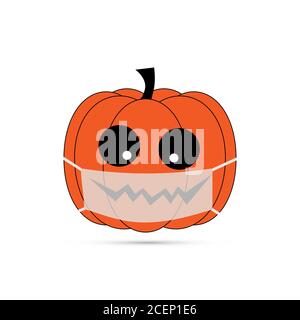 Immagine vettoriale zucca indossare maschera viso per la protezione da virus corona. Concetto di nuovo Halloween normale. Illustrazione Vettoriale