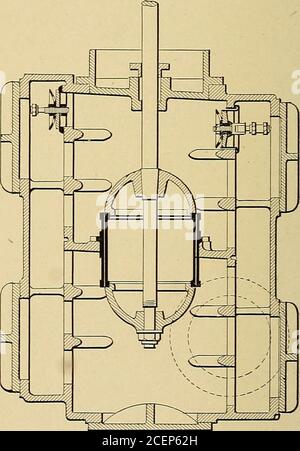 . La rivista di Cassier. Fig. Pompa di circolazione dell'aria 22 E 23.-PIANI E SEZIONI DI POMPE ARIA E DI CIRCOLAZIONE PRODOTTE DA MESSRS. HICK, HARGREAVES & CO., LTD., MOTORE BOLTON. Le pompe dell'aria sono del tipo ed-wards, e l'insieme forma una buona sistemazione di un impianto combinato di condensazione. Una combinazione simile, pilotata elettricamente, è mostrata in Fig. 18, la superficie dei tubi in questo caso essendo 2500 piedi quadrati, con pompe d'aria a tre getti piedi quadrati di superficie per trattare con alimentazione di vapore anoraria di 90,000 libbre, o un po' oltre 8 libbre di piede di persquare di vapore all'ora. Con acqua fredda più duty per s Foto Stock