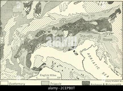 . L'Enciclopedia britannica; un dizionario di arti, scienze, letteratura e informazioni generali. Ad ovest la cintura è stretta, ma verso la pressofusione si allarga gradualmente, E a nord del Lago di Garda il suo confine settentrionale viene improvvisamente deviato a nord e la zona si allarga in modo da includere tutta la catena dolomitica del Tirolo. L'improvviso allargamento è dovuto alla grande colpa della Giudicaria, che va dal Lago dIdro al quartiere di Merano, dove si snodano ad est. La caduta di questa faglia può essere di 2000 metri, e la caduta è sul lato sud-est, Foto Stock