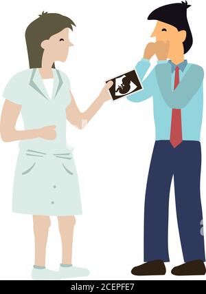 Aspettandosi Donna sorprende ragazzo con ecografia scansione foto. Felice coppia con notizie di gravidanza. Illustrazione vettoriale a carattere cartoon piatto isolata o Illustrazione Vettoriale