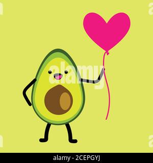 Carino avocado cartone animato tenendo palloncino, biglietto d'auguri di San Valentino. Avocado amore con cuore vettore illustrazione. Illustrazione Vettoriale