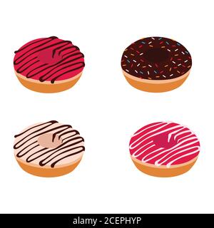 Set di ciambelle colorate isolate su sfondo bianco. Collezione di ciambelle con vista isometrica in glassa per il design del menu, la decorazione del caffè, la scatola di consegna. Ve Illustrazione Vettoriale