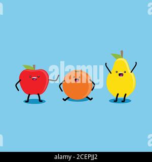 Cibo poster design frutta per i bambini. Carino caratteri frutta illustrazione vettoriale, sane abitudini alimentari. Cartoon kawaii frutti estivi su sfondo blu Illustrazione Vettoriale
