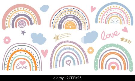 Set astratto arcobaleno in stile scandinavo. Colore pastello colorato. Illustrazione Vettoriale