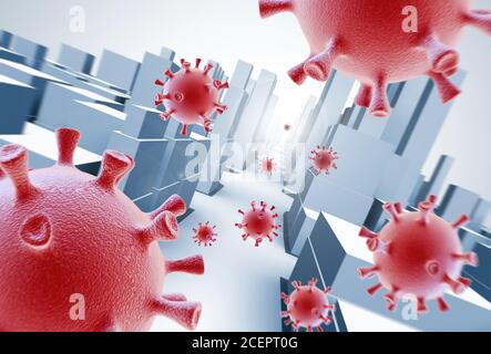 3D astratto reso paesaggio urbano sotto attacco da coronavirus Foto Stock